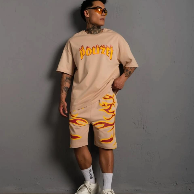  Alev Baskılı İkili Şortlu Takım - Bej -